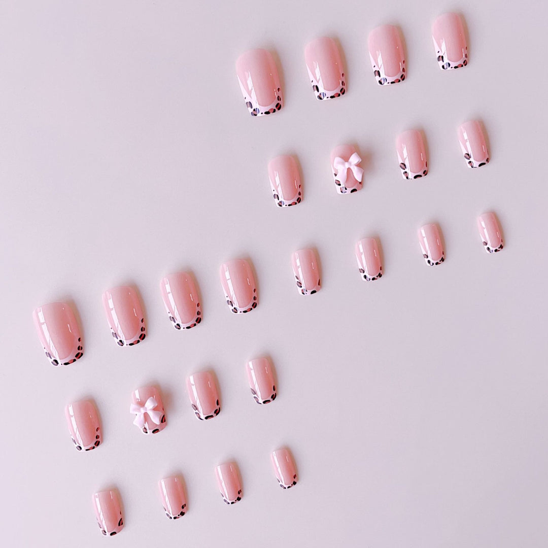 Artificial nail set with elegant leopard design and cute bows Bowlift