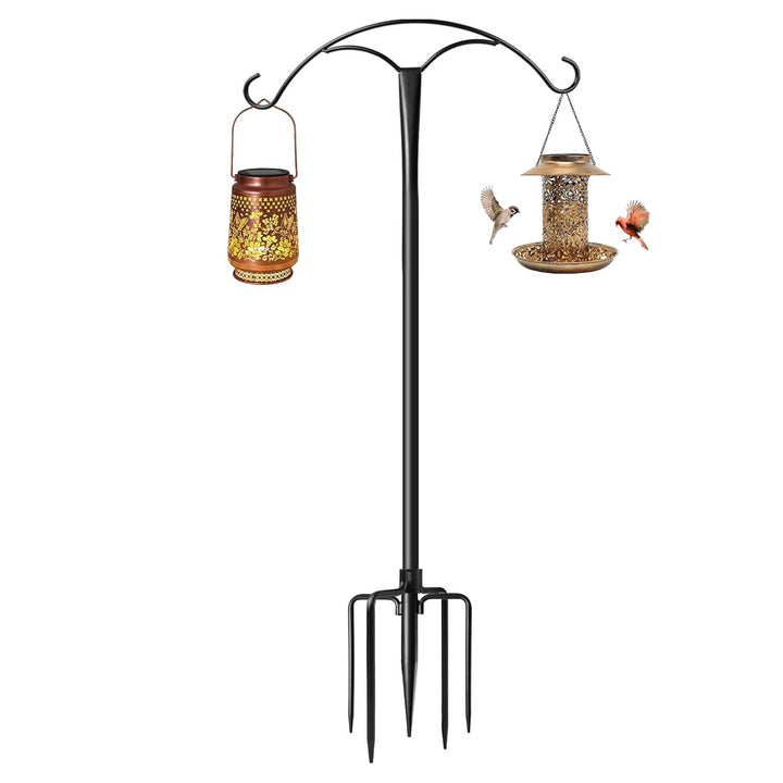 Adjustable double-hook shepherd hook ground stake with anchoring fork for hanging bird feeders and lanterns Bowlift