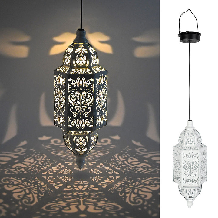 Ornate Moroccan Cutout Metal Hanging Pendant Light With Decorative Shadow Projection And Ceiling Canopy Bowlift