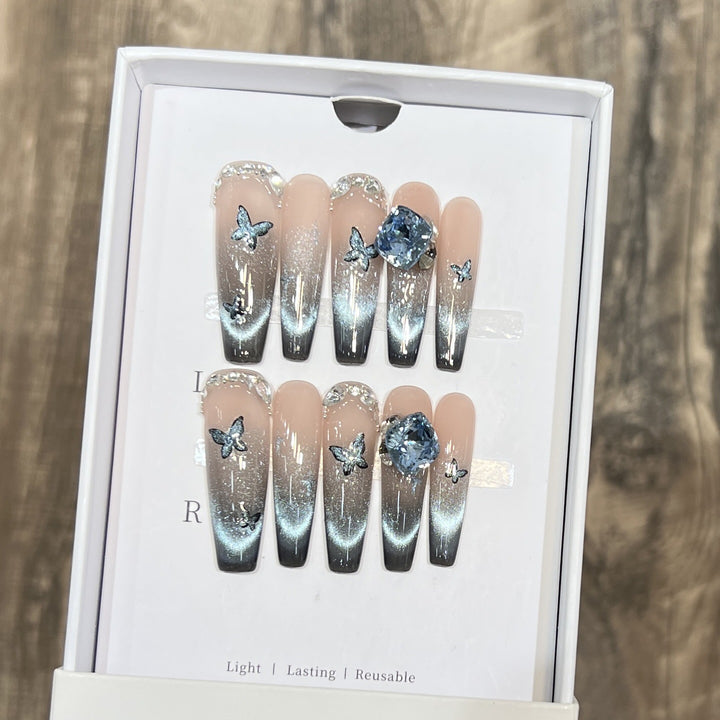 Artistic Ombre Press-On Nail Art Set with Butterfly and Gemstone Accents Bowlift