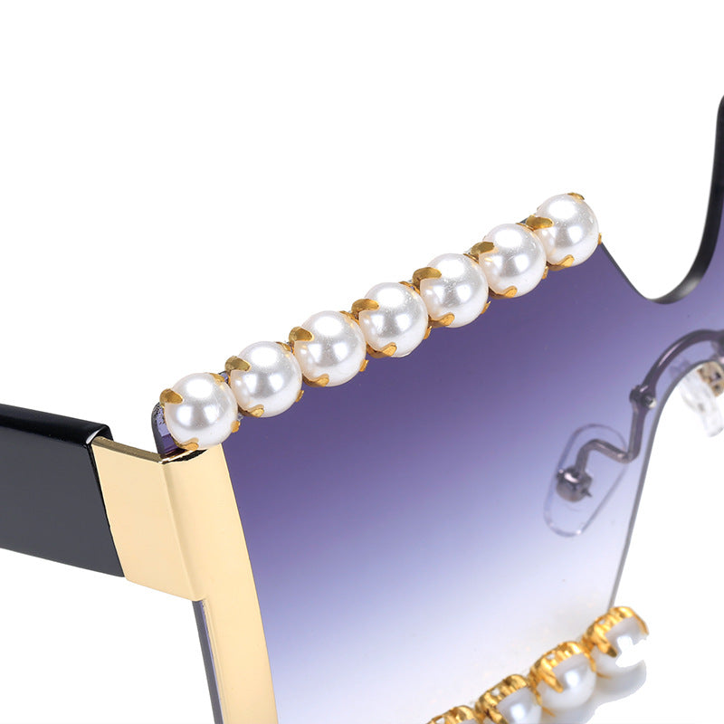 Ladies extravagant rectangular sunglasses with pearl decoration and UV protection Bowlift