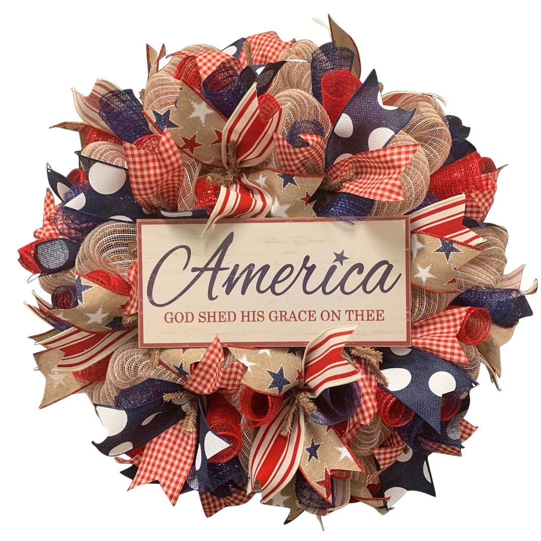 Unisex nan handcrafted Americana medallion wreath with layered deco mesh ribbons star motif bows and rustic sign Bowlift