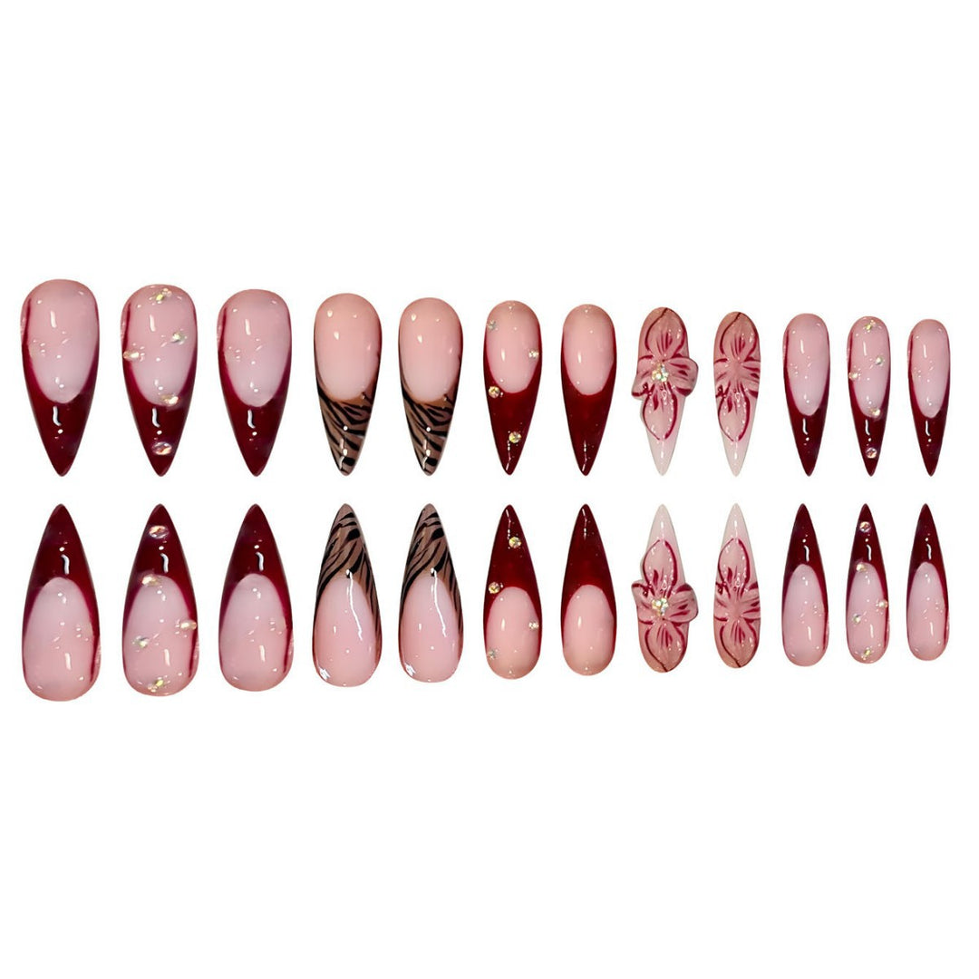 Elegant Stiletto Press-On Nail Art Set with Floral and Geometric Designs Bowlift