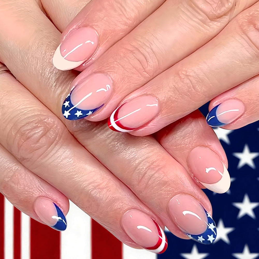 Women's nan patriotic star and stripe gel press-on manicure set almond-shaped glossy durable Bowlift