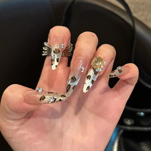 Artistic Stiletto Press-On Nail Set with Elegant Leopard Design Bowlift