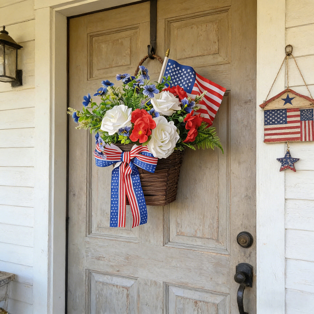 Unisex nan American patriotic door hanging floral basket with ribbon accents Bowlift
