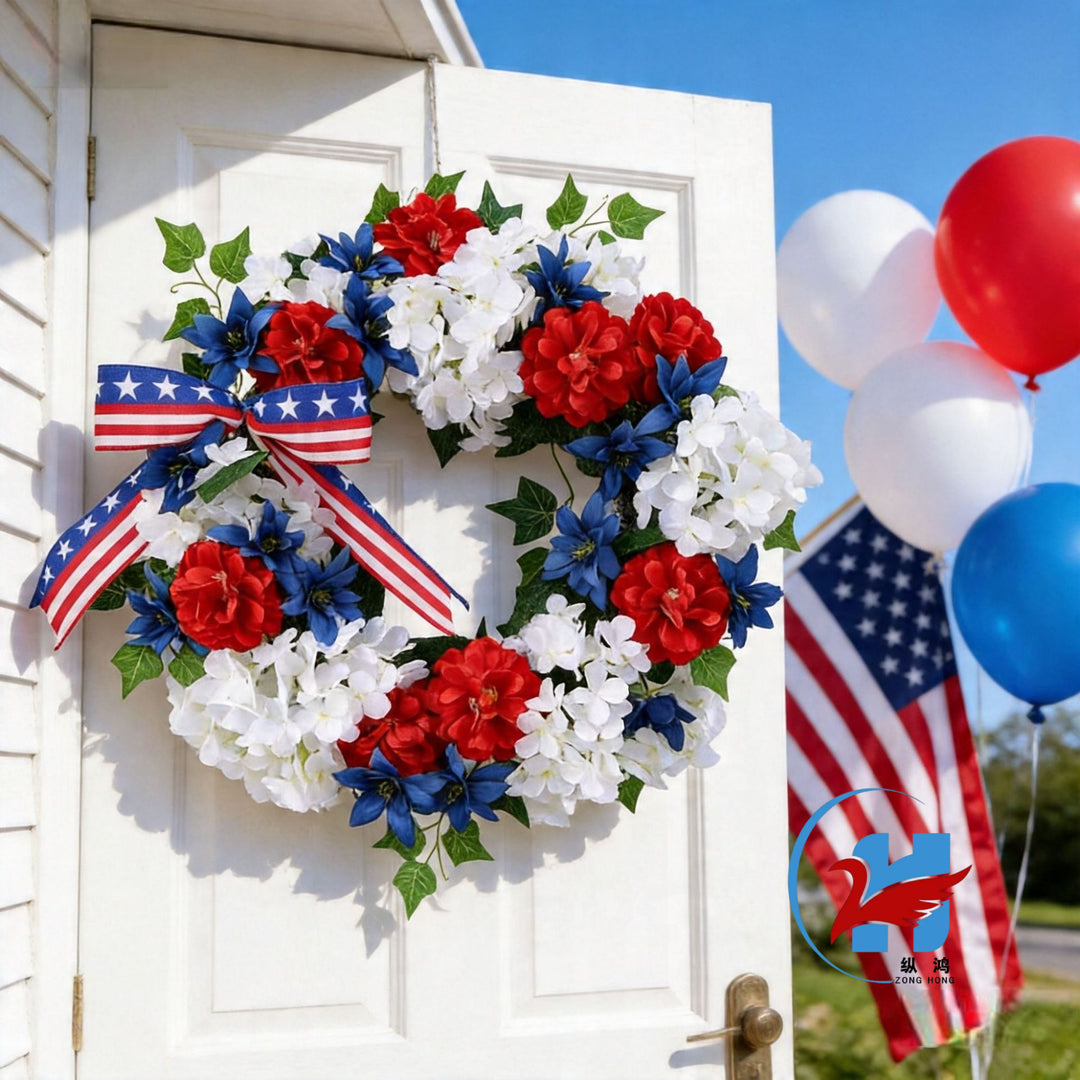 Unisex decorative door wreath made of durable artificial flowers with ribbon in festive style Bowlift