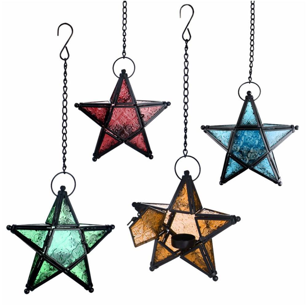 Moroccan-Inspired Stained Glass Star Hanging Lanterns with Embossed Panels Bowlift