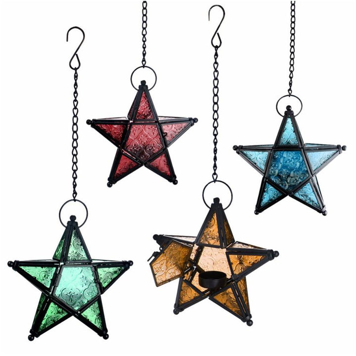 Moroccan-Inspired Stained Glass Star Hanging Lanterns with Embossed Panels Bowlift