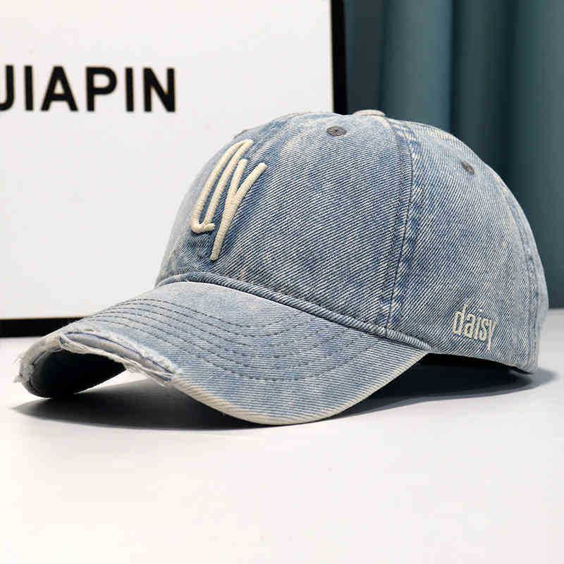 Women's Distressed Denim Embroidered Baseball Cap Bowlift