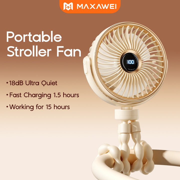 Unisex portable rechargeable clip fan with digital display, flexible clamp and multi-stage speed control Bowlift