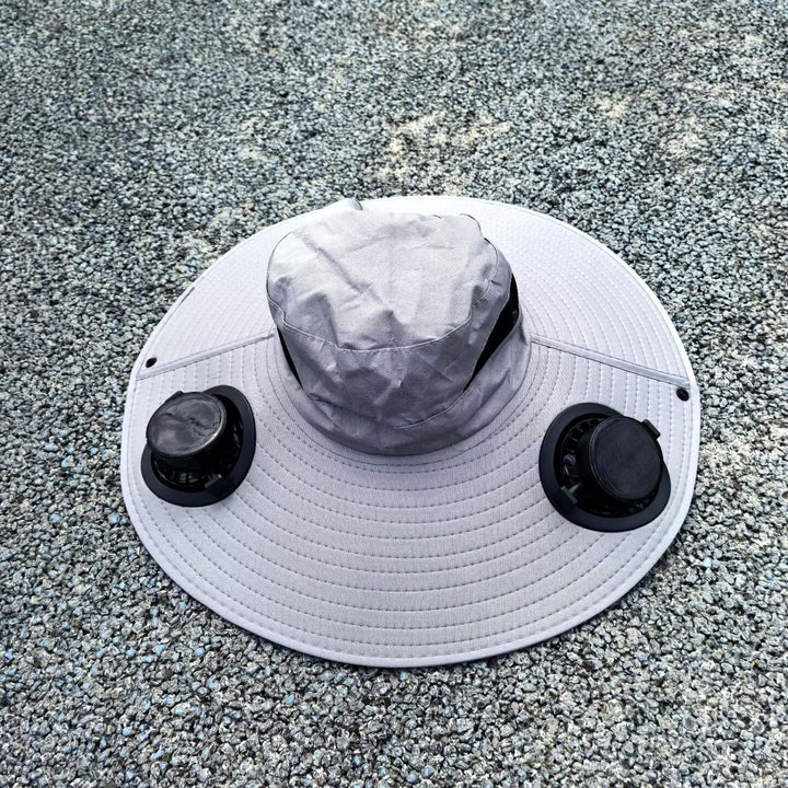 Ventilated sun hat with integrated solar fans and wide brim Bowlift