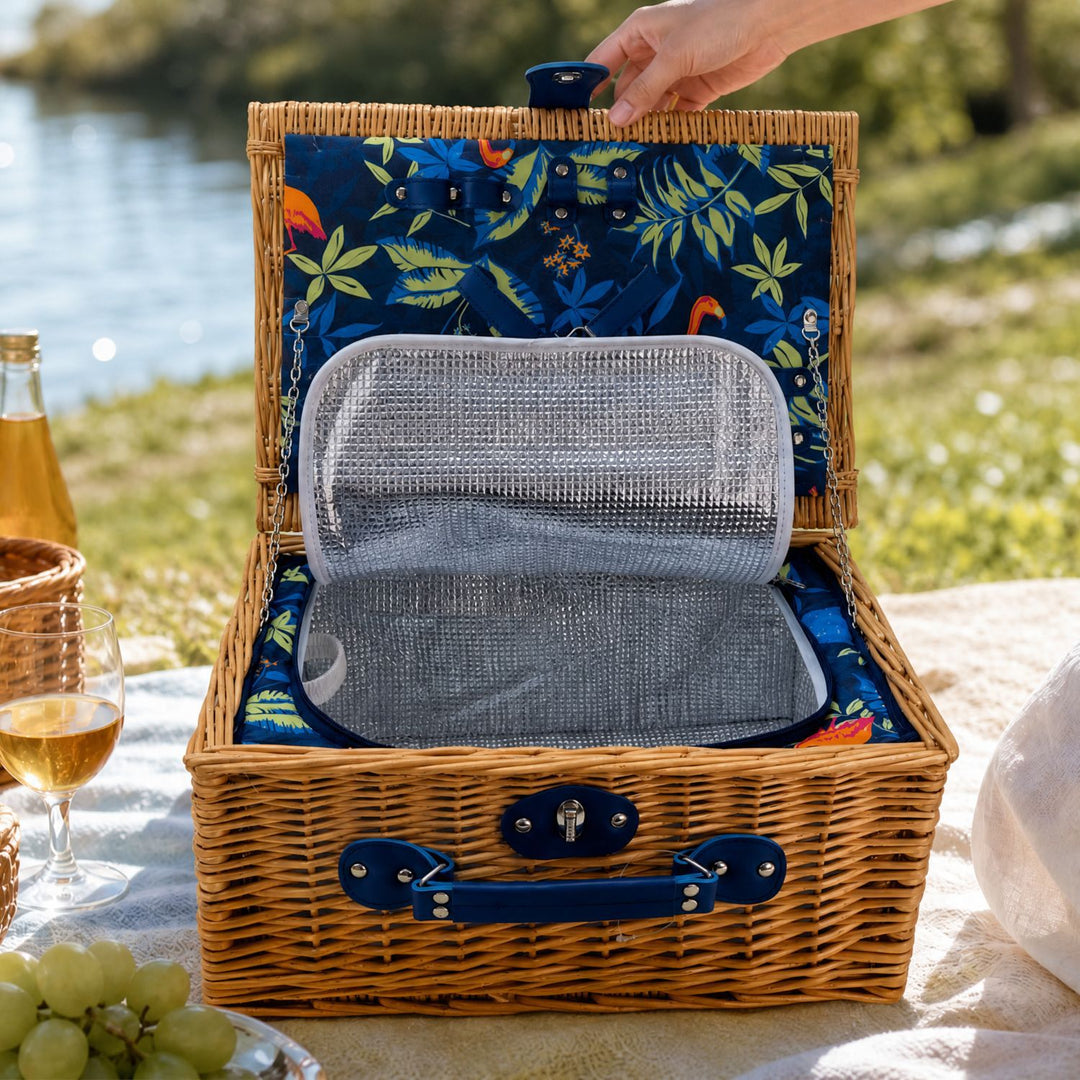 Ladies Luxury Picnic Basket with Offset Dish Compartment and Floral Lining Bowlift