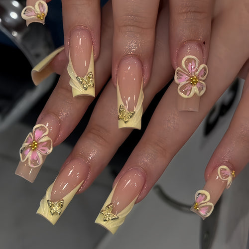 Artistic Floral Acrylic Press-On Nail Extensions Bowlift
