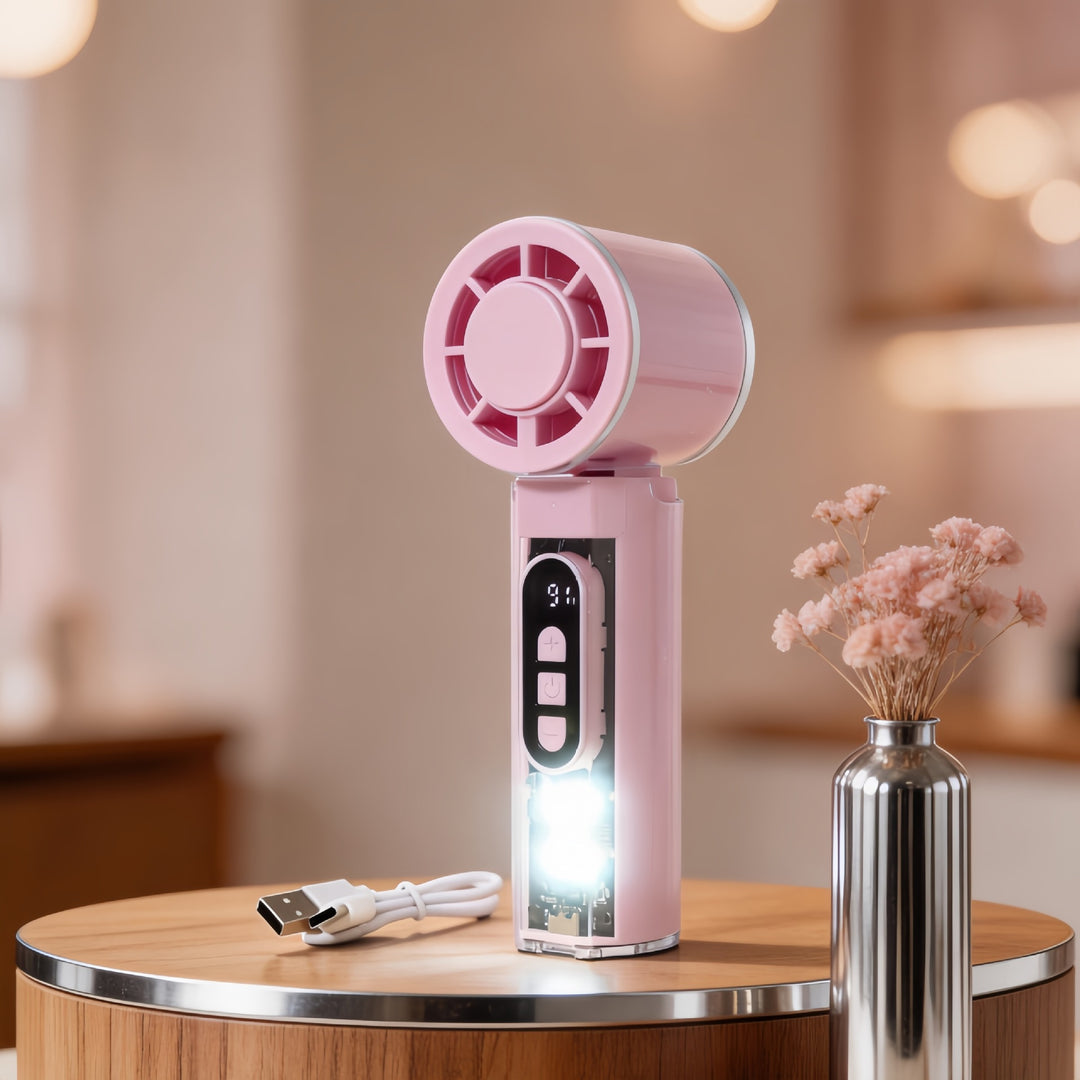 Women Portable Hand Fan with Temperature Display and LED Lighting Bowlift