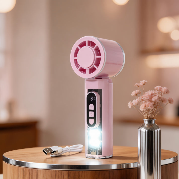 Women Portable Hand Fan with Temperature Display and LED Lighting Bowlift