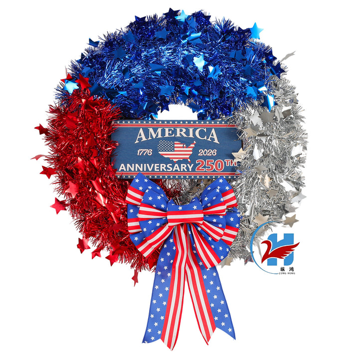 Unisex nan more patriotic door wreath made of tinsel with star embellishments and large bow Bowlift