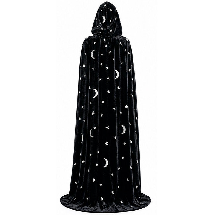 Floor-Length Velvet Hooded Cloak with Celestial Moon and Star Appliqué Bowlift