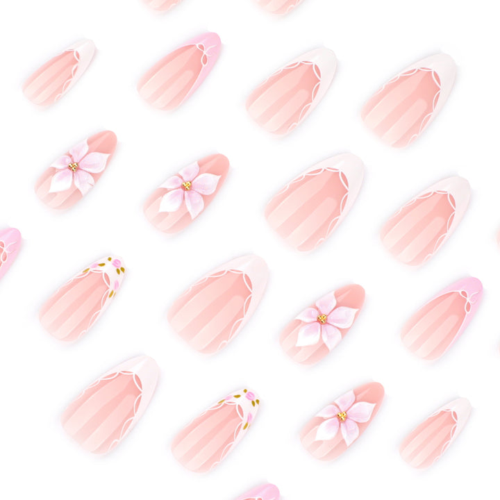 Artful nail extensions with delicate floral pattern and elegant accents Bowlift