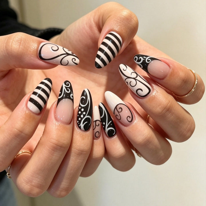 Artificial nails with modern black and white design Bowlift