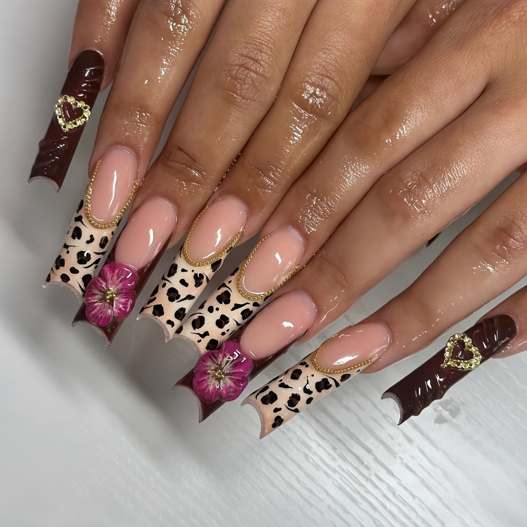 Decorative Long Acrylic Press-On Nail Art with Floral and Leopard Designs Bowlift
