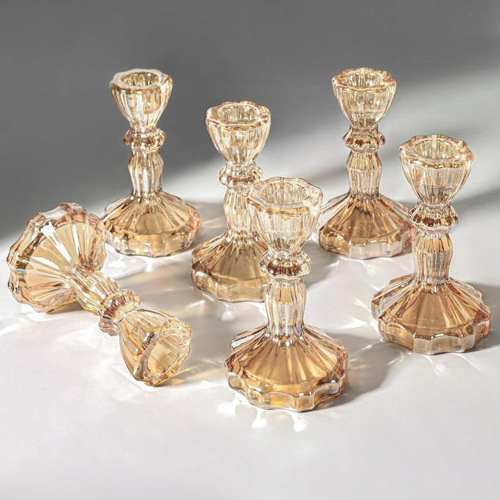 Crystal-cut Glass Candlestick Holder with Ribbed Stem Bowlift