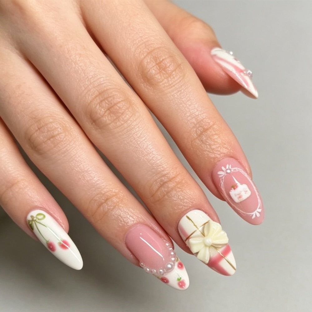 Decorative Press-On Nail Art Set with Floral and Bow Designs Bowlift