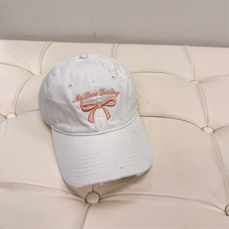 Women's Distressed Cotton Baseball Cap with Bow Embroidery Bowlift