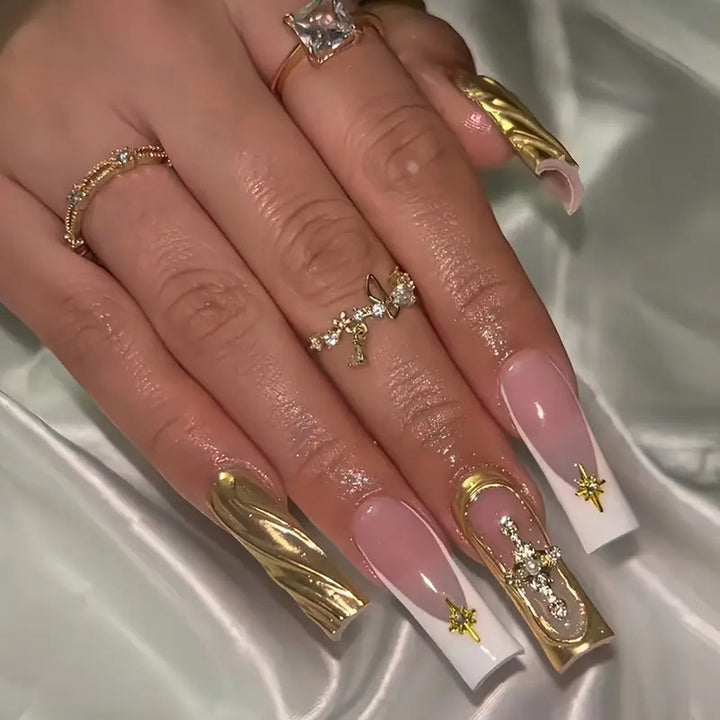 Elegant Press-On Nail Art with Gold Accents Bowlift