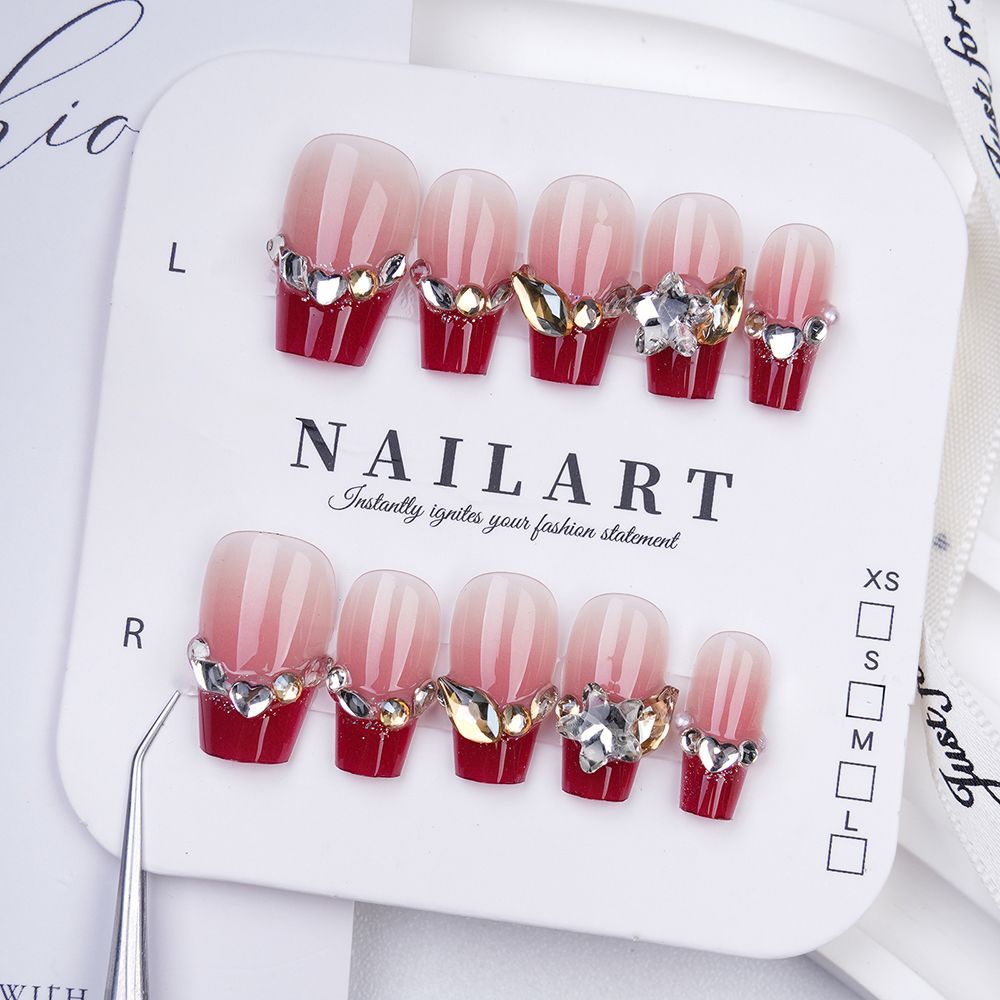 Elegant Press-On Nail Art Set with Floral and Gemstone Embellishments Bowlift