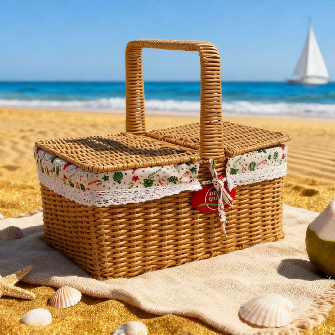 Ladies picnic basket with elegant fabric cover and practical carrying handles Bowlift