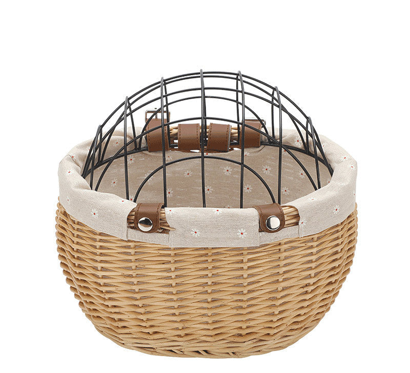 woven rattan pet carrier basket with detachable linen liner and foldable metal safety dome Bowlift