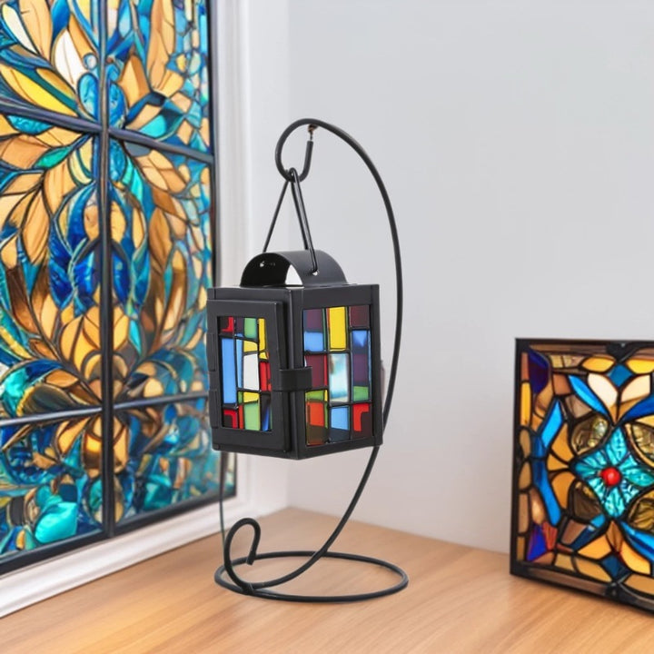 Stained Glass Mosaic Hanging Tealight Lantern with Metal Frame Bowlift