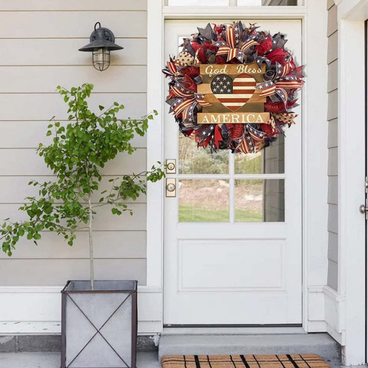 Unisex rustic patriotic door wreath with wooden sign heart motif and bow bouquet Bowlift