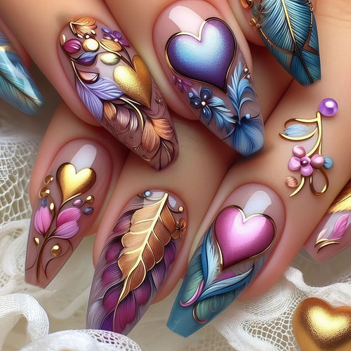 Artificial nails with romantic heart and flower designs Bowlift