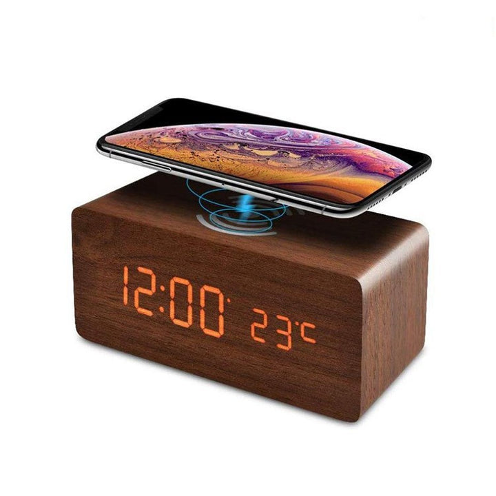 Wooden LED Alarm Clock with Wireless Qi Charging and Indoor Temperature Display Bowlift