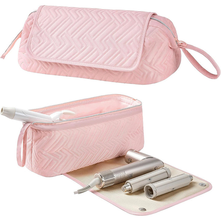 Cosmetic organizer bag with pre-made space for styling tools Bowlift