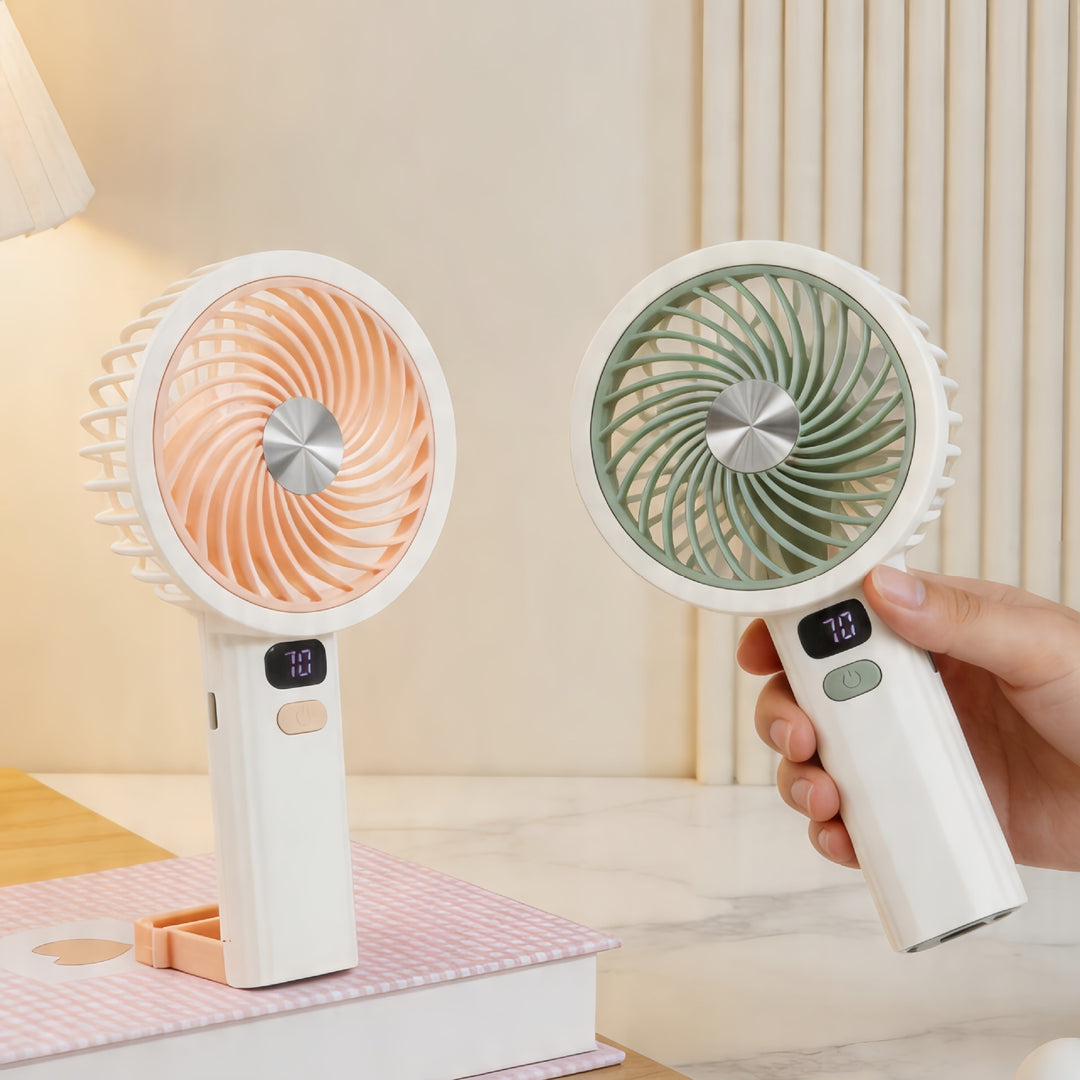 Ladies Portable Hand Fan with LCD Temperature Display and Rechargeable Battery Bowlift