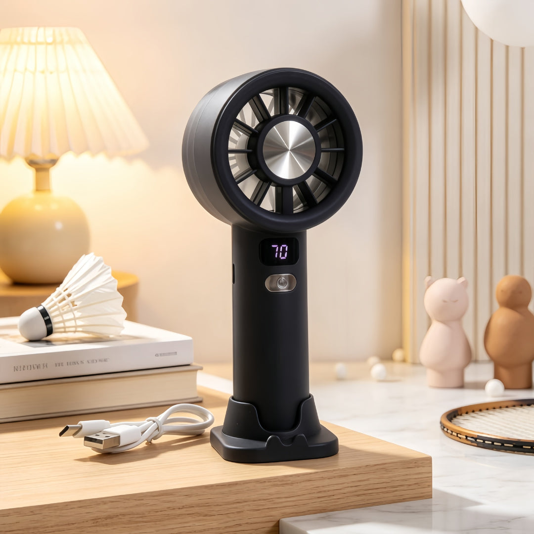 Ladies portable hand fan with LCD display and USB charging function Bowlift