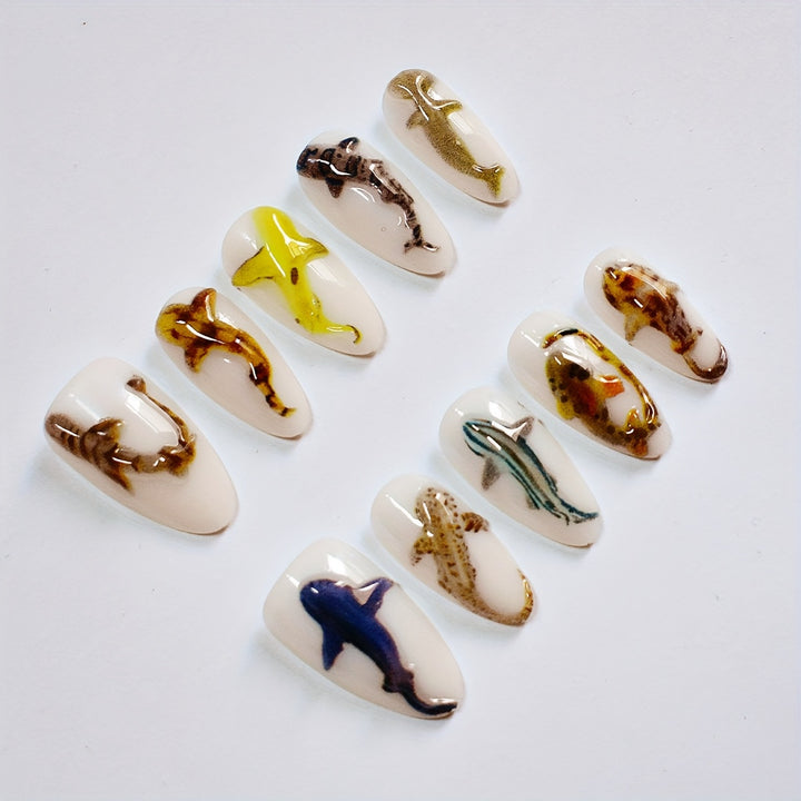 Artistic Shark-Themed Press-On Nail Art Bowlift