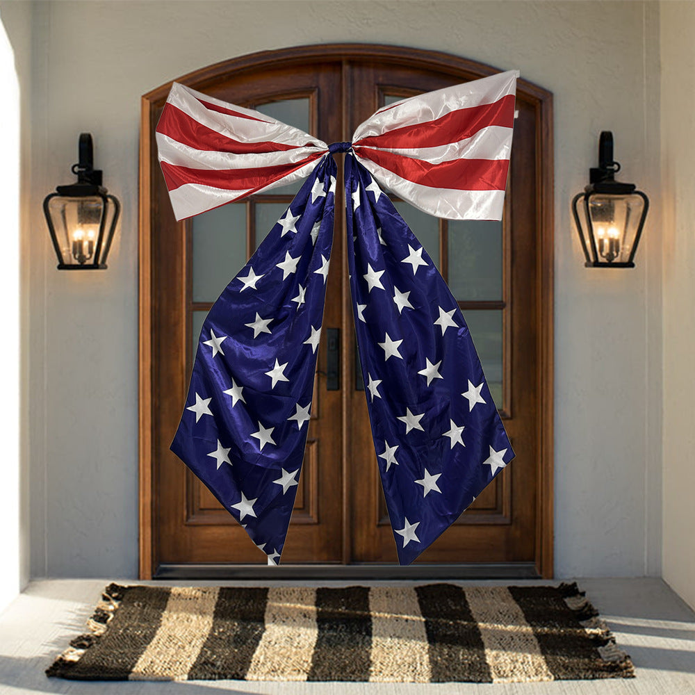 Independence Day oversized patriotic door bow and cascading porch flag swag Bowlift