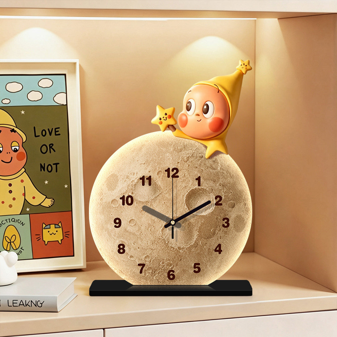 Lunar Texture Table Clock with LED Night Light and Star Character Bowlift