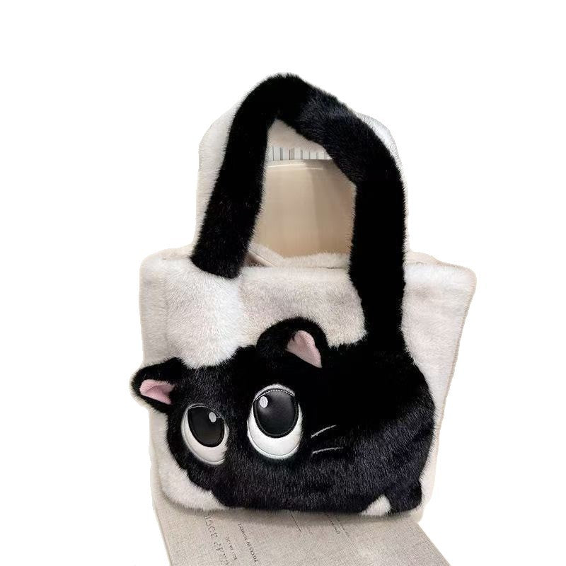 Plush Faux Fur Cartoon Eye-Appliqué Tote Bag with Bow Shoulder Straps Bowlift