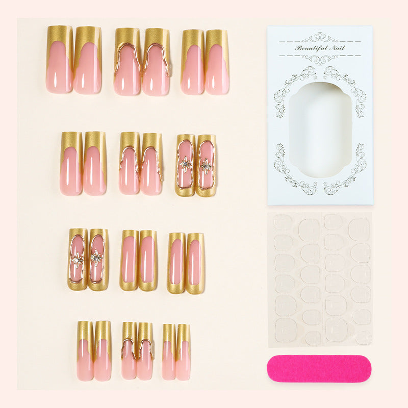 Elegant Press-On Nail Art Set with Gold Accent Design Bowlift