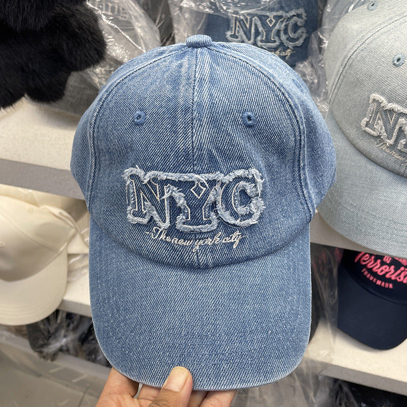 Unisex Distressed Denim Cap with NYC Embroidery Bowlift