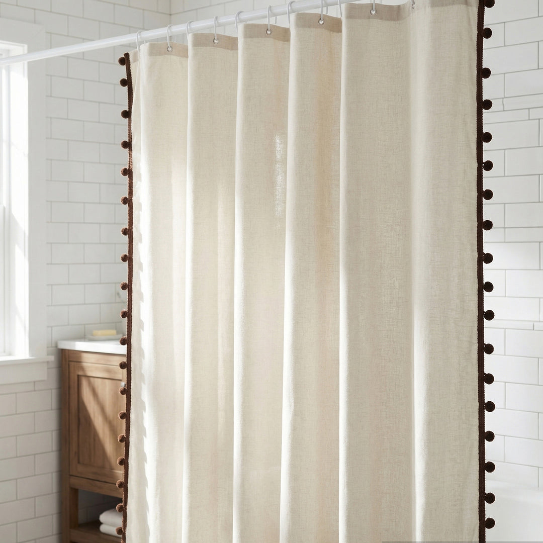 Textured Pom Pom Trim Shower Curtain Bowlift