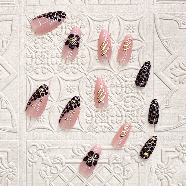 Artistic Press-On Nail Set with Floral and Leopard Accent Bowlift