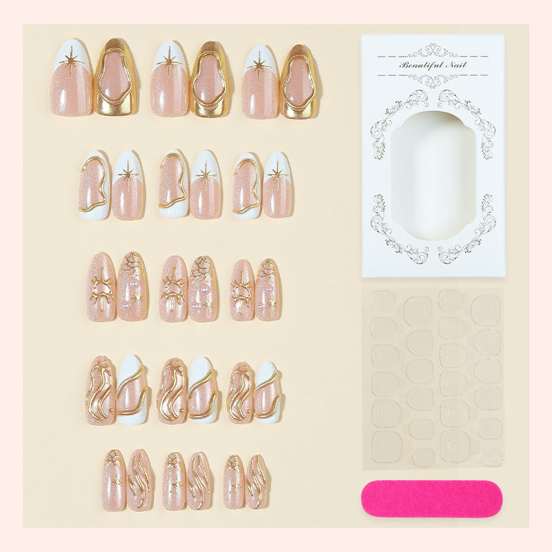 Decorative Press-On Nail Art Set with Elegant Gold Accents Bowlift 1788495840