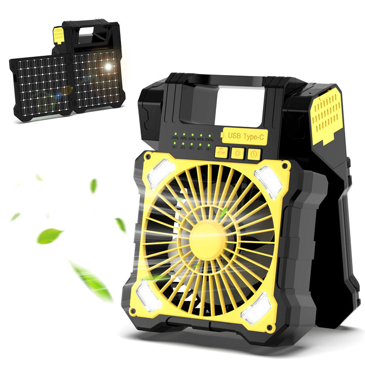 Cooling portable solar camping fan with USB-C power bank and integrated LED work light Bowlift