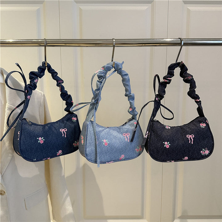 Embroidered Denim Shoulder Bag Bowlift
